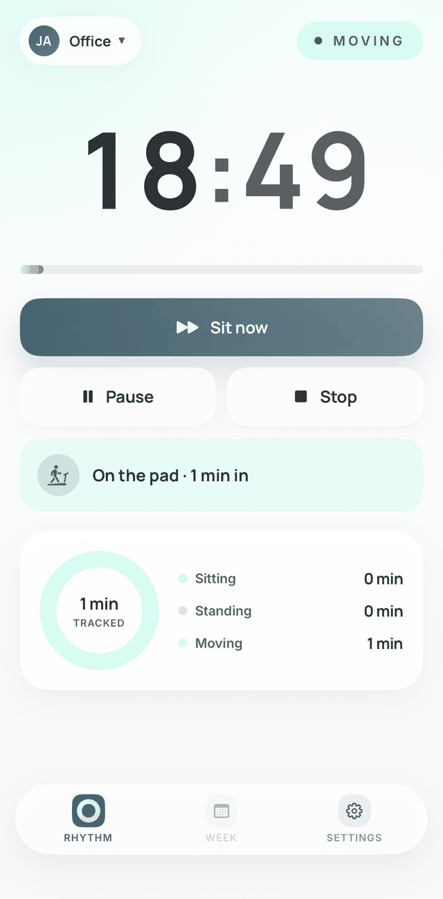 DeskRhythm's dashboard on iPhone during an active walking-pad session, showing the current phase timer, a “Sit now” prompt, and an “On the pad” indicator.